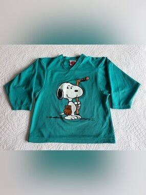 Vintage 90s Y2K SNOOPY Hockey Jersey Teal Green Youth  L/XL Mesh Made in USA EUC